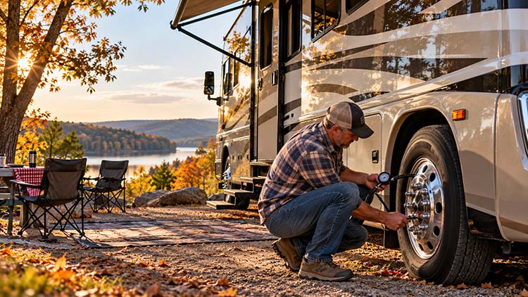 Golden-Hour RV Lakeside Tire Check